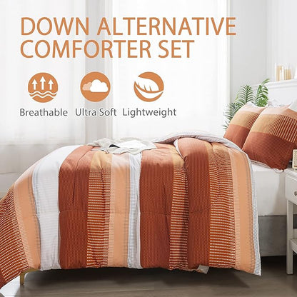 Andency Stripe Comforter Set Queen Size (90x90 Inch), 3 Pieces Terracotta Patchwork Striped Comforter, Soft Microfiber Down Alternative Comforter Bedding Set with Corner Loops