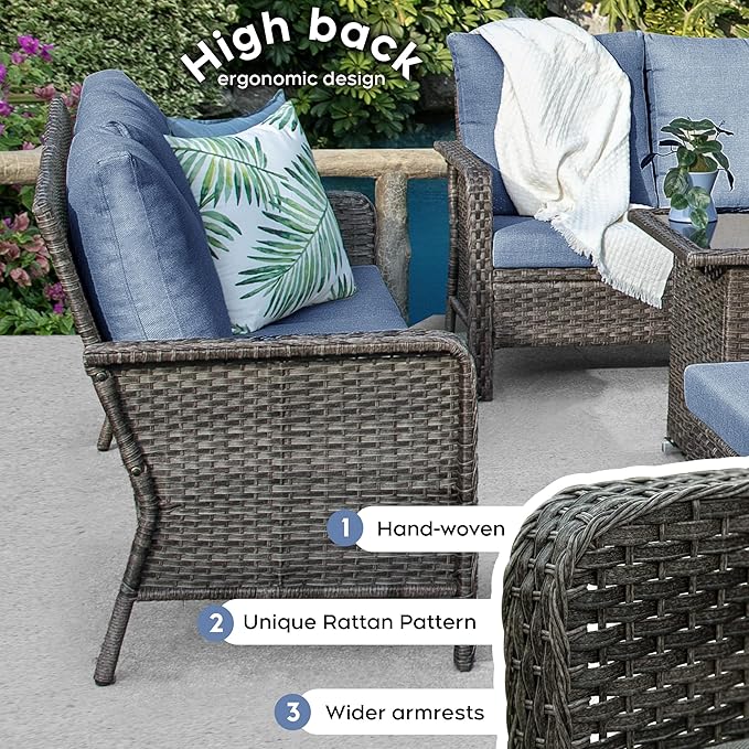 Yechen Patio Conversation Set 9 Seats with 44" Propane Gas Fire Pit Table - 8 Pcs Outdoor Wicker Furniture Set with Lid & Wind Shields - Sectional Sofa Set for Porch,Backyard