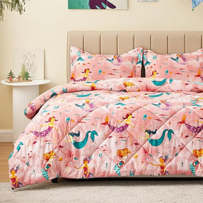 Twin Mermaid Bedding Sets for Girls, 3 Pieces Kids Queen Comforter Sets, Super Soft Lightweight for All Seasons, Includes 1 Comforter (88"x88") and 2 Pillowcase (20"x26"+2")