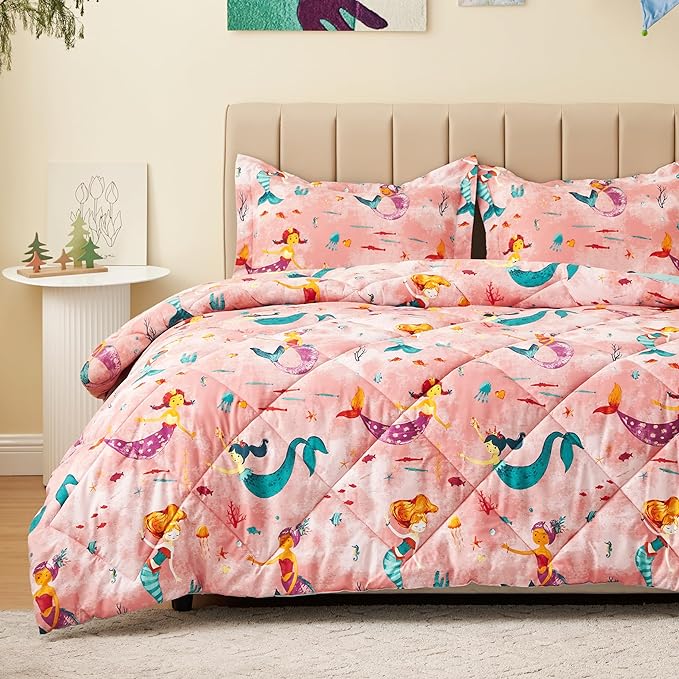 Twin Mermaid Bedding Sets for Girls, 2 Pieces Kids Twin Comforter Sets, Super Soft Lightweight for All Seasons, Includes 1 Comforter (66"x86") and 1 Pillowcase (20"x26"+2")