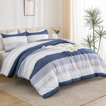 Litanika Mineral Blue Bed Comforter Set Twin/Twin XL Size, 2 Pieces Lightweight Striped Bedding Comforter Set, Soft All Season Down Alternative Comforter (1 Comforter, 1 Pillowcase)