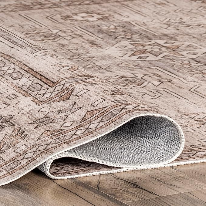 nuLOOM Amie Persian Border Machine Washable Ultra Thin Area Rug, 4' x 6', Light Brown