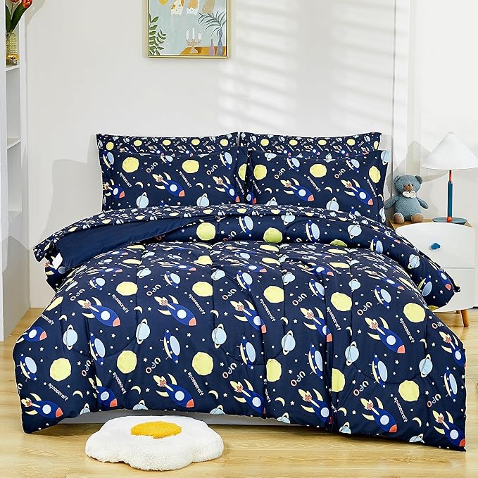 Mooreeke Bed in a Bag for Kids Girls Teens, 7 Pieces Full Size Comforter Bed Set with Shams, Sheet Set, Space Planet Blue Black Soft Microfiber Kids Comforter Bedding Set