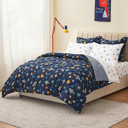 Twin Size Space Kids Bedding Set for Girls, 5 Pieces Super Soft Lightweight Microfiber Comforter Set with Sheets, Space Bedding Twin, Bed in a Bag, Durable Children Bed Set