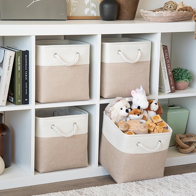 OrganiHaus 11x11 Cube Storage Bins 4 Pack, Foldable Cube Storage Organizer w/ Rope Handles, Collapsible Fabric Bins for Toys, Clothes & Closet Organization, Fabric Square Baskets - Beige/White