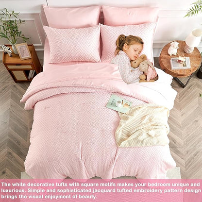 Twin Size Tufted Kids Comforter Set 6 Piece Pink Jacquard Tufts Embroidery Bedding Set for Girls Bed in A Bag Quilt with 1 Comforter, 1 Flat Sheet, 1 Fitted Sheet, 1 Pillowcase and 2 Pillow Sham