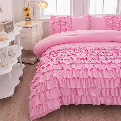 Pink Ruffle Comforter Set Twin, Girls Comforter Set Twin, Princess Comforter Set Twin, Pink Twin Bed Set for Girls, Kids Teen Girls Bedding Sets with 2 Pillowcases