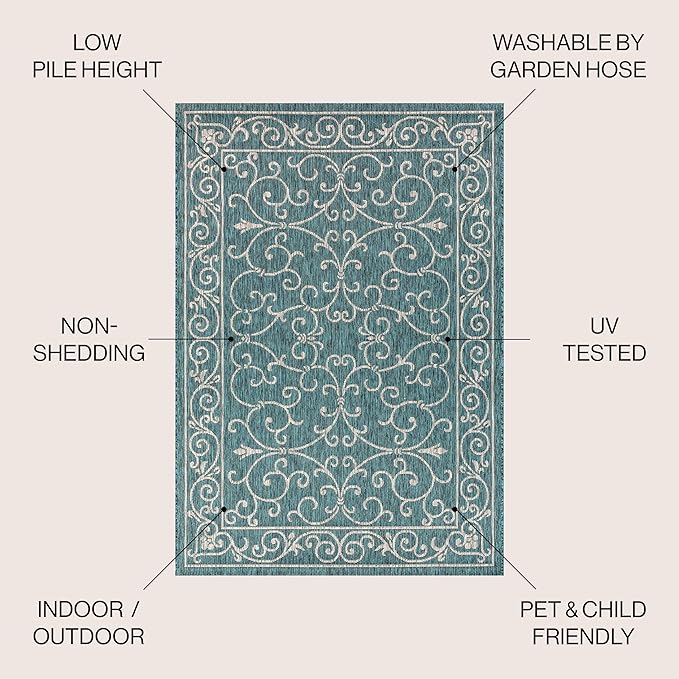 JONATHAN Y Vintage Filigree Indoor Outdoor Area Rug 3X5 Teal/Gray, Charleston Textured Weave for Backyard, Patio, Porch, Easy-Cleaning, High Traffic, Pet-Friendly, Non-Shedding (SMB106F-3)