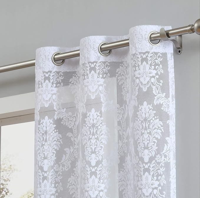 LinenZone 38 x 84 Luxury White Knitted Lace Curtains. (Lisa 38 x 84, White) | 2 Elegant Knitted Lace Curtains with Floral Damask Design and Scalloped Bottom in 63, 84 and 96 Inch Sizes.