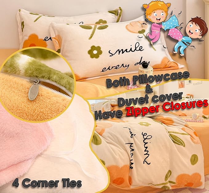 MorroMorn Twin Bedding Sets, Orange Floral Duvet Cover Set, Fluffy Comforter Covers Blanket Ultra Soft Cute Flowers for Girls Kids Toddler Teen Preppy Dorm Twin/Twin XL Size