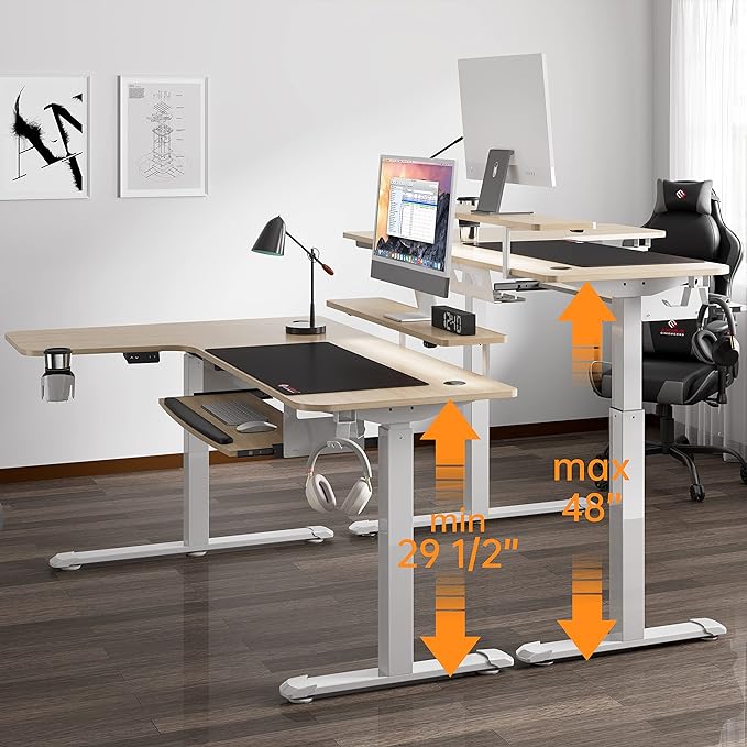 EUREKA ERGONOMIC Standing Desk Adjustable Height 61" Electric Sit Stand Computer Desk L Shaped with Keyboard Tray,Monitor Stand &LED, Dual Motor Memory Presets Sit to Desk Adjustable Desk, Left/Maple