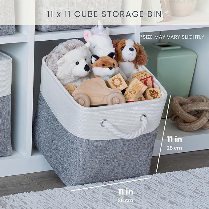 OrganiHaus 11x11 Cube Storage Bins 4 Pack, Foldable Cube Storage Organizer w/ Rope Handles, Collapsible Fabric Bins for Toys, Clothes & Closet Organization, Fabric Square Baskets - Off-White
