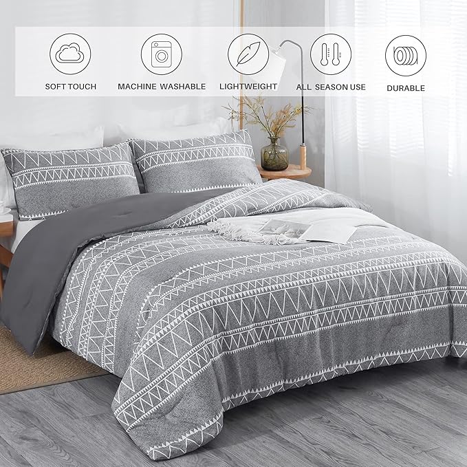 Boho Grey Stirped Comforter Set Queen for Kids Adult, 3 PCS Reversible Bedding Set Gray Comforter with 2 Pillow Shams, Lightweight Breathable for All Seasons(Queen,90x90inches)