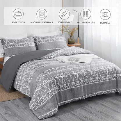 Boho Grey Stirped Comforter Set Queen for Kids Adult, 3 PCS Reversible Bedding Set Gray Comforter with 2 Pillow Shams, Lightweight Breathable for All Seasons(Queen,90x90inches)