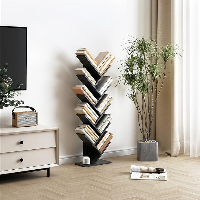 Hoctieon 10 Tier Tree Bookshelf, 10 Shelf Bookcase, Free Standing Tree Bookcase, Display Floor Standing Shelf for Books, Book Organizer Shelves for Home Office, Living Room, Bedroom, Black