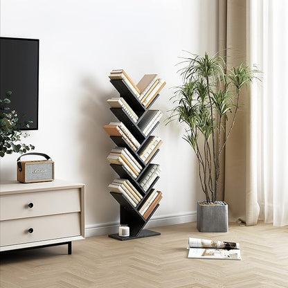 Hoctieon 10 Tier Tree Bookshelf, 10 Shelf Bookcase, Free Standing Tree Bookcase, Display Floor Standing Shelf for Books, Book Organizer Shelves for Home Office, Living Room, Bedroom, Black