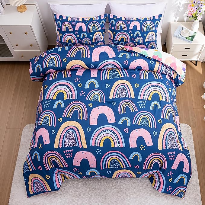 Btargot Lightweight Soft 3 Piece Rainbow Comforter Set with 2 Pillow Covers, Cartoon Love Hearts Suns and Stars Bedding Set for Girls Boys Kids, Full Dark Blue