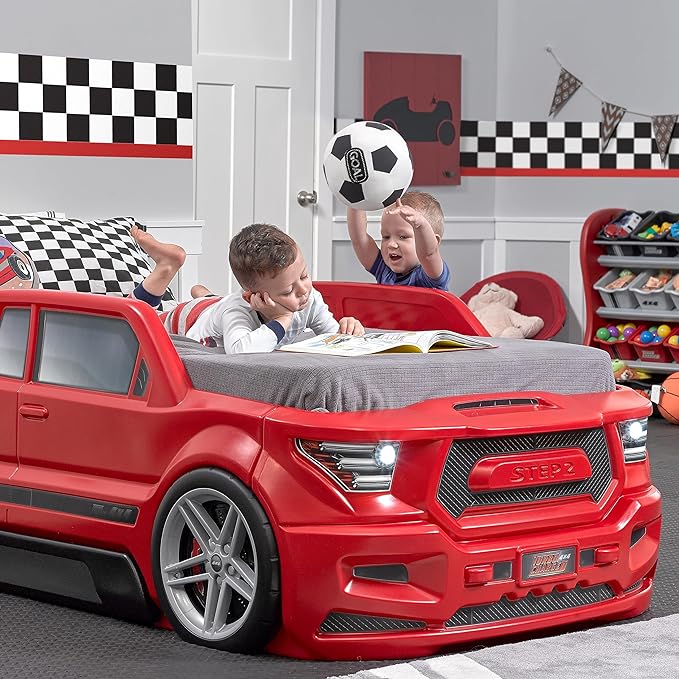 Step2 Turbocharged Twin Size Truck Car Bed, Car Bed for Boys and Girls, Working Headlights & Built-In Storage, Toddlers Ages 3+ Years Old, Adult Assembly Required, Vibrant Red