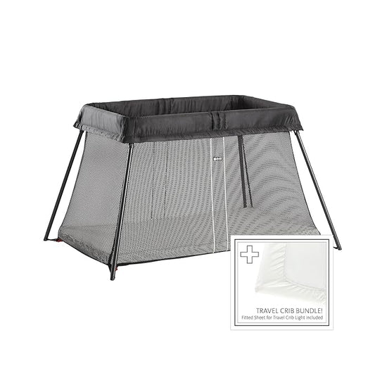 BabyBjörn Travel Crib Light + Fitted Sheet Bundle Pack, Black, One Size (640001US)