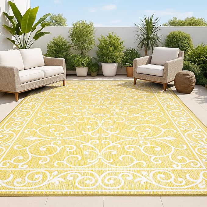 JONATHAN Y Vintage Filigree Indoor Outdoor Area Rug 8X10 Yellow/Cream, Charleston Textured Weave for Backyard, Patio, Porch, Easy-Cleaning, High Traffic, Pet-Friendly, Non-Shedding (SMB106L-8)
