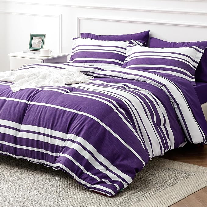 Bedsure Bed in a Bag California King Size 7-Piece Purple White Striped Bedding Comforter Sets All Season Bed Set, 2 Pillow Shams, Flat Sheet, Fitted Sheet and 2 Pillowcases