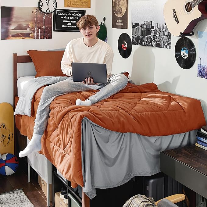 Bedsure Burnt Orange Twin XL Comforter Set - 5 Pieces Reversible Twin XL Bed in a Bag Twin XL Bed Set with Comforters, Sheets, Pillowcase & Sham, Twin XL Bedding Sets