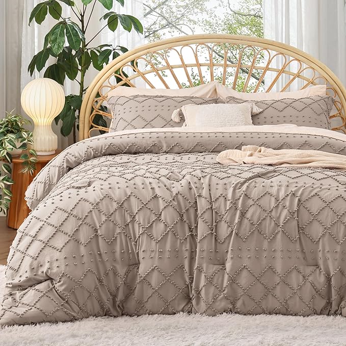 Bedsure Twin/Twin XL Comforter Set - Taupe Boho Twin Extra Long Comforter Set for College, Shabby Chic Dorm Bedding Set, 2 Pieces Modern Farmhouse Bed Set, includes 1 Pillow Sham