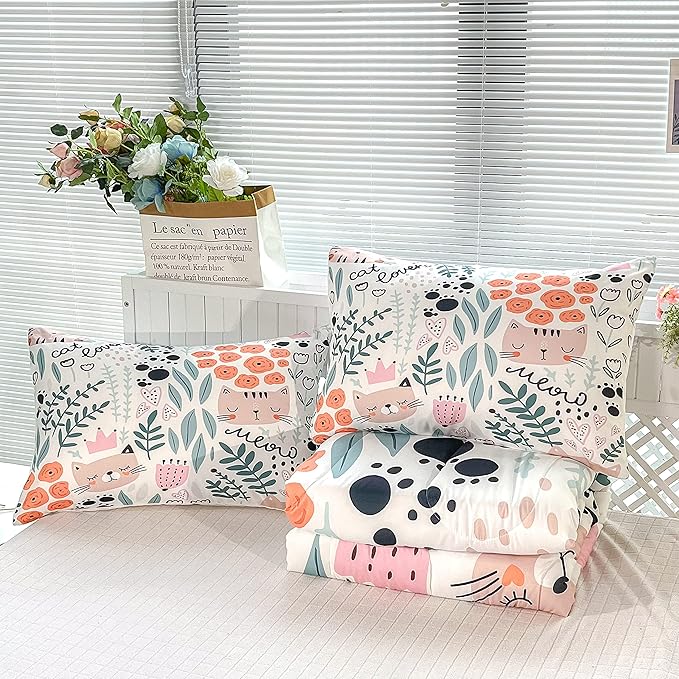 CVHOUSE Cat Bedding,Cartoon Cat Comforter Full,Animals Print Comforter Set for Kids,Kawaii Quilt Set with 1 Comforter and 2 Pillow Cases