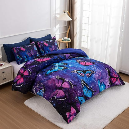 Btargot 3 Piece Butterfly Pattern Girls Comforter Set with 2 Pillow Covers, Galaxy Outer Space Printed Bedding Set for Women, Queen Purple Blue
