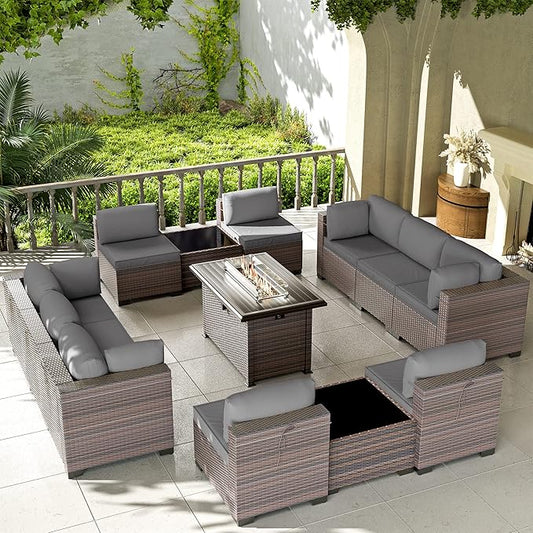 Kullavik 13 Pieces Outdoor Patio Furniture Set with 43" 55000BTU Gas Propane Fire Pit Table PE Wicker Rattan Sectional Sofa Patio Conversation Sets,Grey