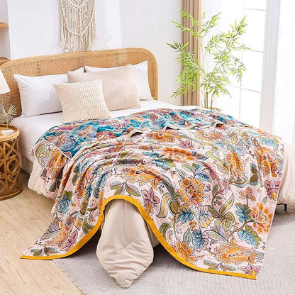 Boho Throw Blanket for Bed, 100% Cotton Soft Rustic Quilt Fall Blanket, 60"x80" Floral Printed Farmhouse Decor Bed Blankets, All Season Rustic Reversible Bohemian Throw Quilt
