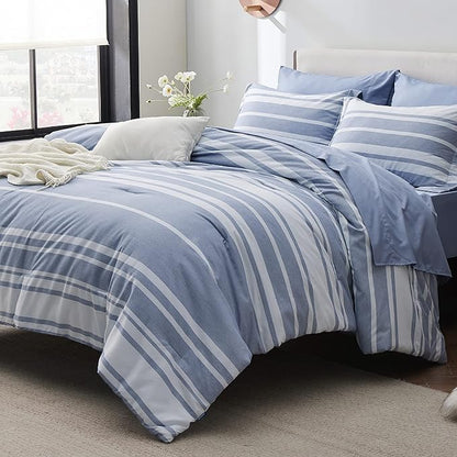 Bedsure Full Size Comforter Set 7 Pieces, Blue White Striped Bedding Comforter Sets All Season Bed Set, Bed in a Bag Full with Comforter, Sheets, Pillowcases & Shams