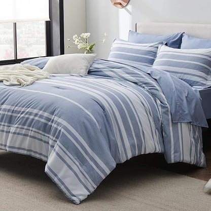 Bedsure King Comforter Set 7 Pieces, White Blue Striped King Bedding Set All Season Bed Set, Bed in a Bag King with Comforter, Sheets, Pillowcases & Shams