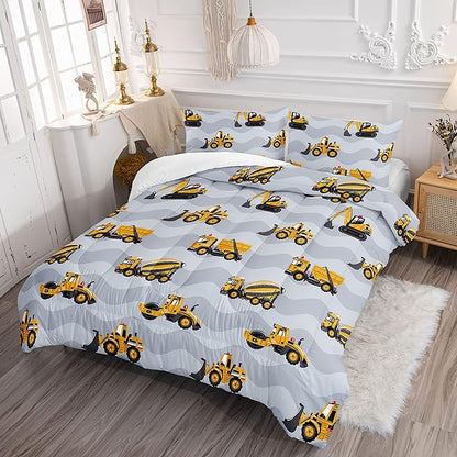 Datura home Construction Truck Comforter Set for Boys Kids Children,Grey Machinery Truck Excavators Vehicles Cartoon Tractor Bedding with 1 and 2 Pillowcases(Truck Grey Twin), Twin 68x86inches
