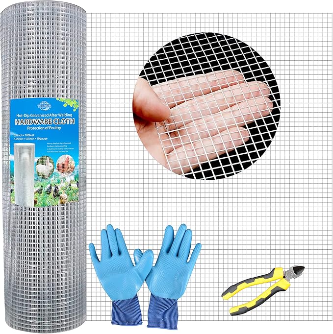 Hardware Cloth 1/2 inch Square Openings - 19 Gauge 24'' x 100' Hot-Dip Galvanized Wire Mesh, Welded Cage Wire Rolls Great for Animal Enclosure Chicken Coop Flower Beds Rabbits Wire Fencing