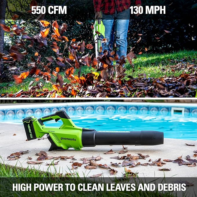 Greenworks 40V (550 CFM / 130 MPH) Brushless Axial Blower + Trimmer, 4.0Ah USB Battery and Charger Included