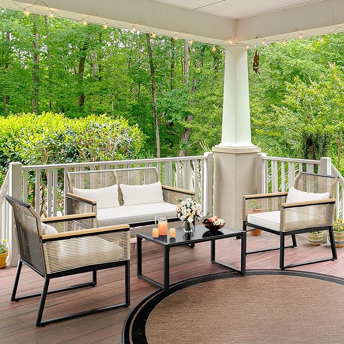 YITAHOME Patio Furniture Wicker Outdoor Bistro Set, 4-Piece All Weather Rattan Conversation Loveseat for Backyard, Balcony and Deck with Wooden Armrest, Gray Cushions and Metal Coffee Table