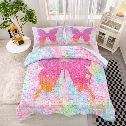 CVHOUSE Butterfly Bedding Set,Butterfly Comforter King,Butterfly Comforter Set for Girls Kids Teens,Butterflies Quilt Set with 1 Comforter and 2 Pillow Cases- 3 Piece