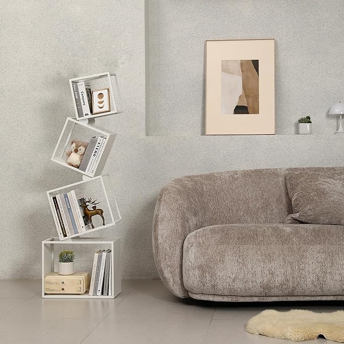 Bookshelf, 4-Tier Bookcase White, White Bookshelf, 4 Tier Bookshelf, 49''Tall Industrial Bookshelf, Modern Book Storage, Storage Shelves for CDs/Books/Home Decor, Display Shelf