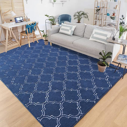 Chicrug Shag Geometric Modern Area Rug for Bedroom, 5x7 Feet Memory Foam Indoor Carpet, Fluffy Rug for Living Room Bedside Room Decor for Family Girls Kids Nursery Play Mat, Navy/White