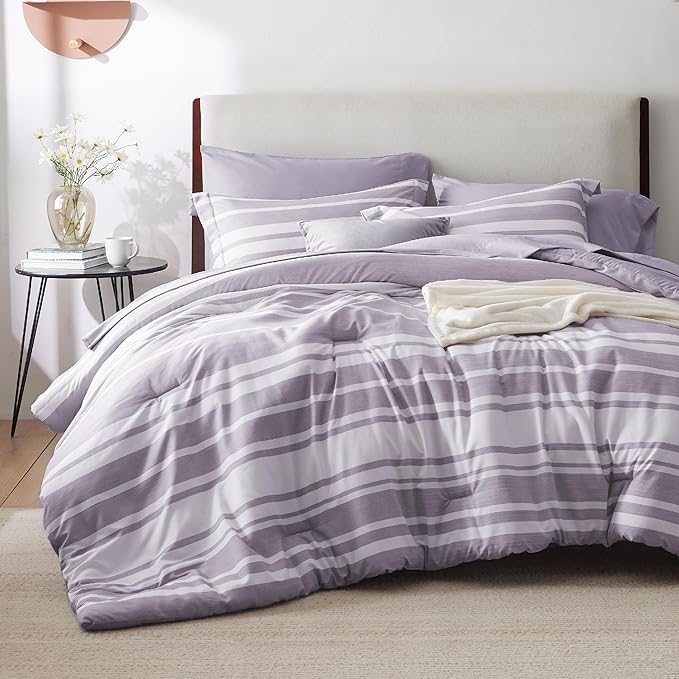 Bedsure Bed in a Bag King Size 7 Pieces, Purple White Striped Bedding Comforter Sets All Season Bed Set, 2 Pillow Shams, Flat Sheet, Fitted Sheet and 2 Pillowcases