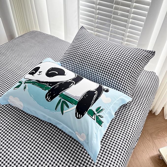 Wajade Kids Panda Comforter Set Bed in A Bag Twin Size 7 Piece Blue 3D Cute Panda Bamboo Clouds Bedding Set for Girls Boys (1 Comforter, 1 Flat Sheet, 1 Fitted Sheet, 2 Pillowcase and 2 Pillow Sham)