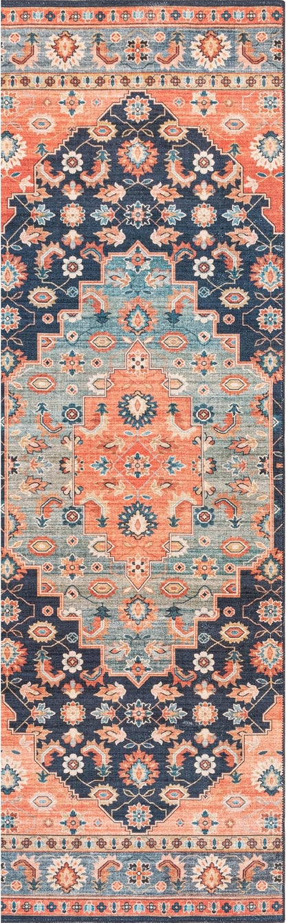 nuLOOM Francis Persian Medallion Machine Washable Ultra Thin Runner Rug, 2' 6" x 8', Blue