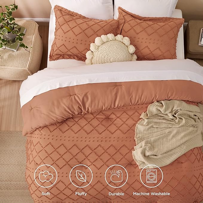 Bedsure California King Comforter Set - Pumpkin Comforter, Boho Tufted Shabby Chic Bedding Comforter Set, 3 Pieces Farmhouse Bed Set for All Seasons, Fluffy Soft Bedding Set with 2 Pillow Shams