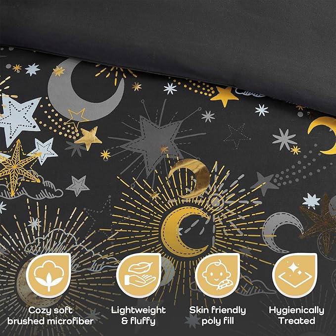 Mi Zone Kids Twin Comforter Set, Celestial Metallic Comforter Set Starry Sky, Moon & Sun Comforter, All Seasons Lightweight & Fluffy Comforter Bed Set, 1 Sham, Celia, Twin Charcoal/Gold 3 Piece