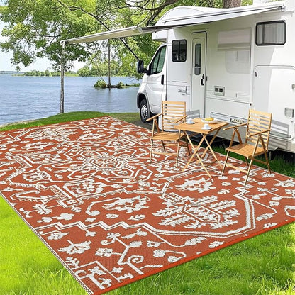 Outdoor Rug 8x10 Waterproof Reversible Plastic Straw Mat, UV-Resistant Vintage Medallion Camping Carpet for Patio, Deck, Balcony, Picnic, Large Outside Floor Mat, Vintage Terracotta Brick/White