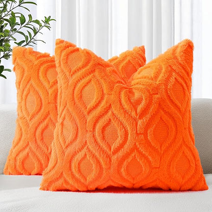 decorUhome Fall Throw Pillow Covers 16x16 Inch Set of 2, Soft Plush Decorative Faux Fur Orange Solid Couch Pillow Covers, Accent Farmhouse Neutral Square Euro Pillow Cases for Sofa Bed Living Room