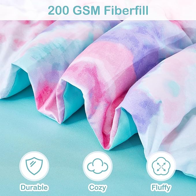 Mooreeke Tie Dye Kids Comforter Bed Set Twin Size for Girls, 6 Pieces Bed in a Bag with Shams, Sheet Set, A Toy Pillow Dark Pink Round Flower Twin Soft Microfiber Kids Comforter Bedding Set