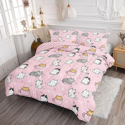 Datura home Pink Kawaii Cat Comforter Bedding Set for Girls Lovely Kitten Print Cute Animal Pattern with 1 & 2 Pillowcases Bedroom All Season(Cat Queen), Queen 90x90inches