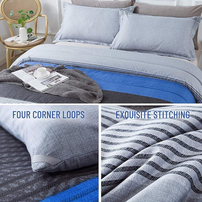 Andency Stripe Blue Comforter Set King Size, 3 Pieces Gray and Blue Patchwork Striped Comforter(104x90 Inch), Soft Microfiber Down Alternative Comforter Bedding Set with Corner Loops